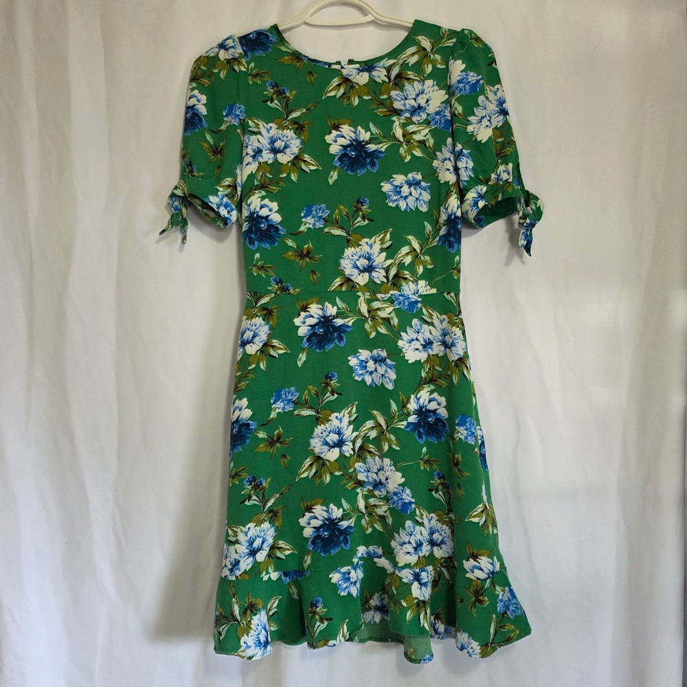 Banana Republic Green Floral Puff Sleeve Ruffle‎ Hem Mini Dress Cottagecore
